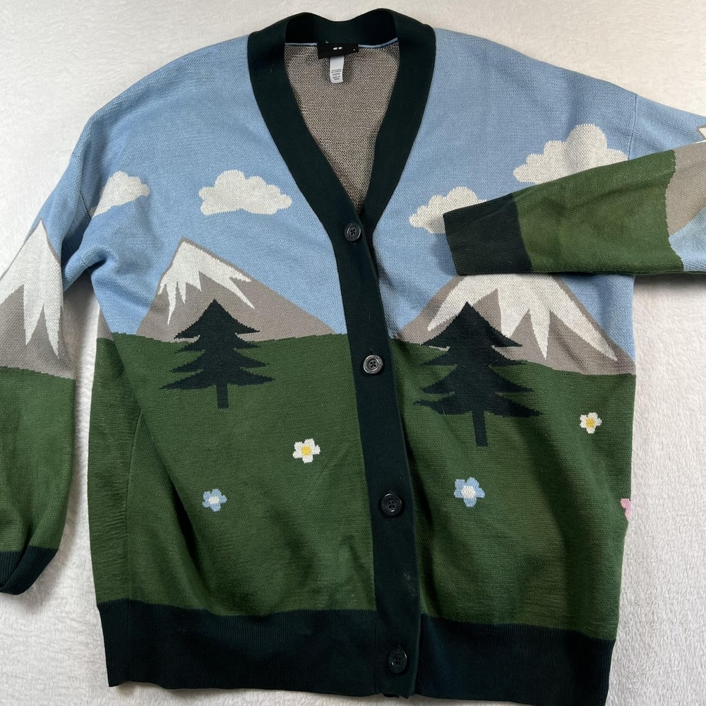 Lazy Oaf Cardigan Sweater Womens Small Multicolor Mountain House Scenic Print